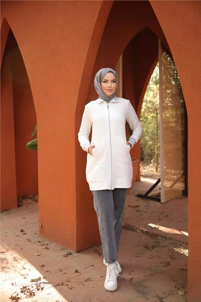 Fermuarlı Yandan Cepli Kapitone Kap - 71217.023 - Krem - 2