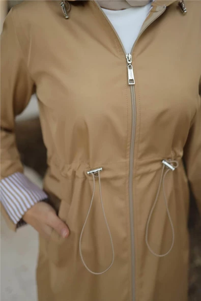 Kapşonlu Fermuarlı Belden Lastikli Bondit Kap - 71220.026 - Bej - 5