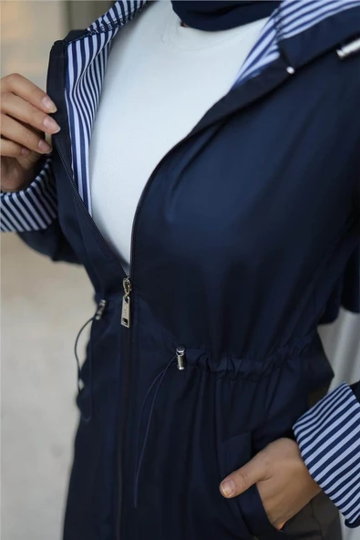 Kapşonlu Fermuarlı Belden Lastikli Bondit Kap - 71220.015 - Lacivert - 6