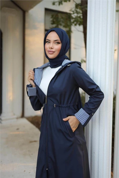 Kapşonlu Fermuarlı Belden Lastikli Bondit Kap - 71220.015 - Lacivert - 5