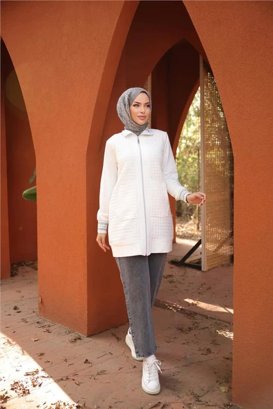 Fermuarlı Yandan Cepli Kapitone Kap - 71217.023 - Krem - 3