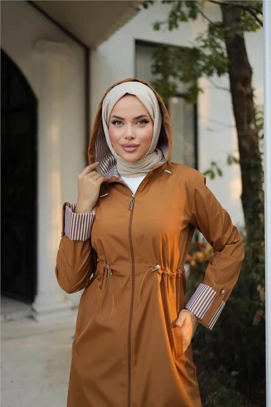 Kapşonlu Fermuarlı Belden Lastikli Bondit Kap - 71220.038 - Taba - 5