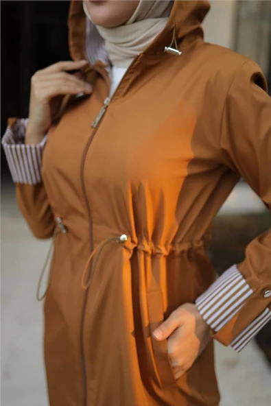 Kapşonlu Fermuarlı Belden Lastikli Bondit Kap - 71220.038 - Taba - 6