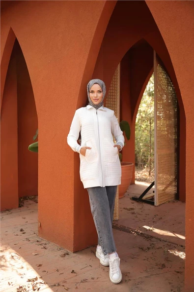 Fermuarlı Yandan Cepli Kapitone Kap - 71217.023 - Krem - 4