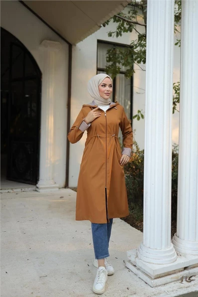 Kapşonlu Fermuarlı Belden Lastikli Bondit Kap - 71220.038 - Taba - 3