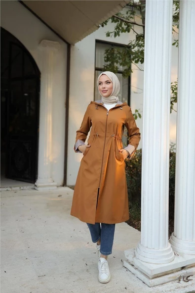 Kapşonlu Fermuarlı Belden Lastikli Bondit Kap - 71220.038 - Taba