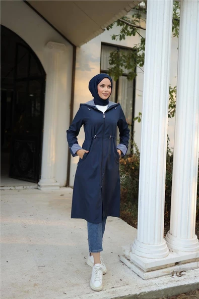 Kapşonlu Fermuarlı Belden Lastikli Bondit Kap - 71220.015 - Lacivert - 2