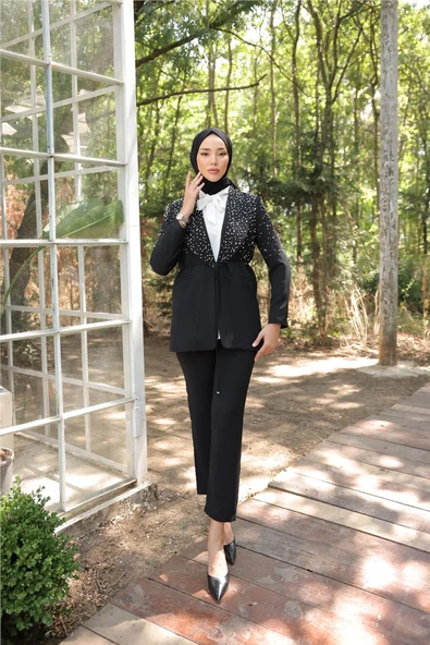 Belden Bağlamalı İncili Ceket Takımı - (38-46) - 71193 - Siyah ürün görseli