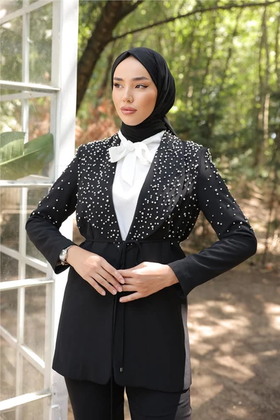 Belden Bağlamalı İncili Ceket Takımı - (38-46) - 71193 - Siyah - Resim 6