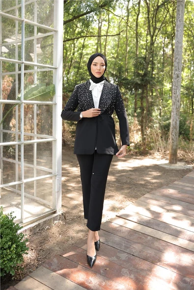 Belden Bağlamalı İncili Ceket Takımı - (38-46) - 71193 - Siyah - Resim 2