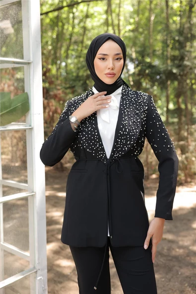 Belden Bağlamalı İncili Ceket Takımı - (38-46) - 71193 - Siyah - Resim 4