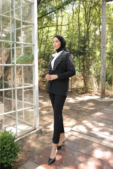 Belden Bağlamalı İncili Ceket Takımı - (38-46) - 71193 - Siyah - Resim 3