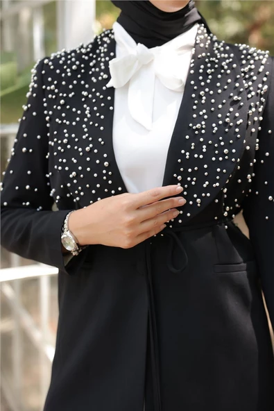 Belden Bağlamalı İncili Ceket Takımı - (38-46) - 71193 - Siyah - Resim 7