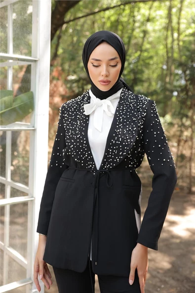 Belden Bağlamalı İncili Ceket Takımı - (38-46) - 71193 - Siyah - Resim 5