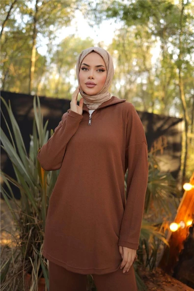 Fermuar Yaka Sade Sweat İkili Takım - 71221.028 - Kahverengi - Resim 5
