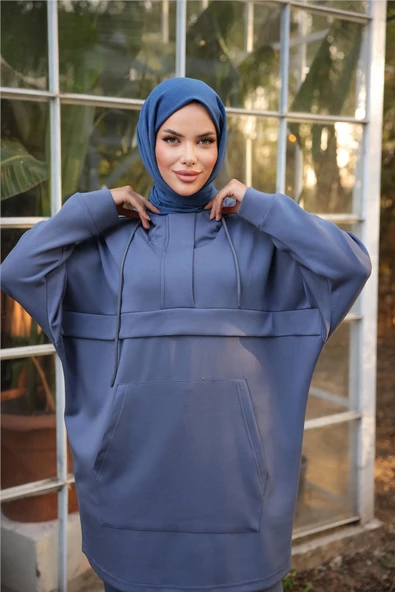 Kapşonlu Kanguru Cepli Sweat-Pantolon İkili Eşofman Spor Takımı - 71214.006 - İndigo - Resim 3