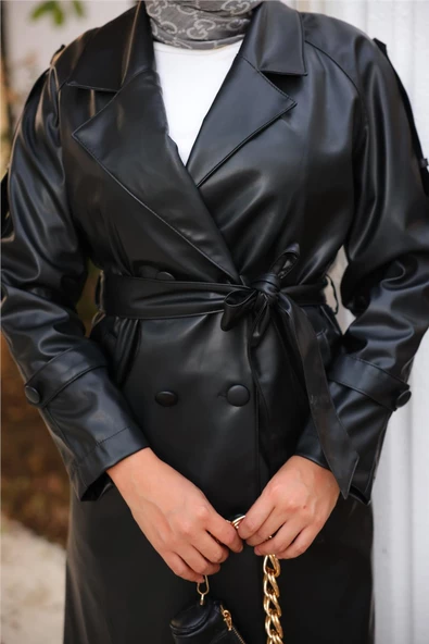 Kruvaze Yaka Cepli Belden Bağcıklı Deri Trençkot - 71212.003 - Siyah - 5