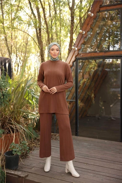 O Yaka Kısa Tunik Pantolon Sade İkili Tesettür Eşofman Takımı - 71219.028 - Kahverengi ürün görseli