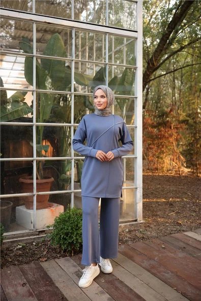 Çarpraz Taş Detaylı O Yaka Sweat-Pantolon İkili Eşofman Spor Takımı - 71215.006 - İndigo