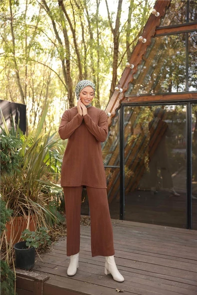 O Yaka Kısa Tunik Pantolon Sade İkili Tesettür Eşofman Takımı - 71219.028 - Kahverengi - Resim 4