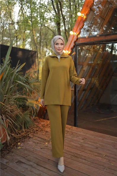 Fermuar Yaka Sade Sweat İkili Takım - 71221.024 - Hardal