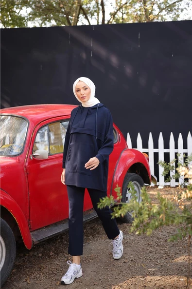 Kapşonlu Kanguru Cepli Sweat-Pantolon İkili Eşofman Spor Takımı - 71214.015 - Lacivert - Resim 2