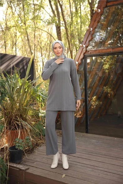 O Yaka Kısa Tunik Pantolon Sade İkili Tesettür Eşofman Takımı - 71219.012 - Füme - Resim 3