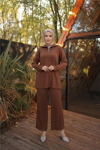 Fermuar Yaka Sade Sweat İkili Takım - 71221.028 - Kahverengi - Resim 2