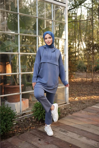 Kapşonlu Kanguru Cepli Sweat-Pantolon İkili Eşofman Spor Takımı - 71214.006 - İndigo - Resim 2