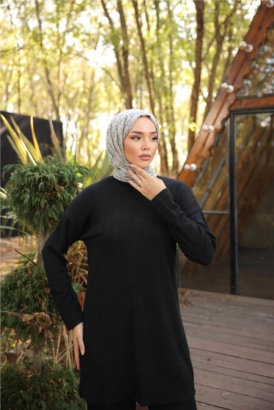 O Yaka Kısa Tunik Pantolon Sade İkili Tesettür Eşofman Takımı - (38-46) - 71219 - Siyah - 2