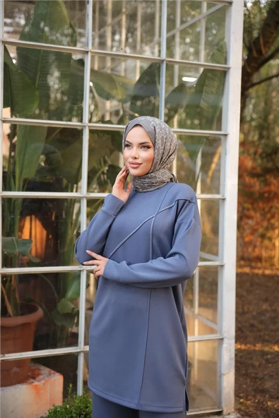 Çarpraz Taş Detaylı O Yaka Sweat-Pantolon İkili Eşofman Spor Takımı - 71215.006 - İndigo - 4