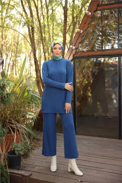 O Yaka Kısa Tunik Pantolon Sade İkili Tesettür Eşofman Takımı - 71219.006 - İndigo - Resim 5