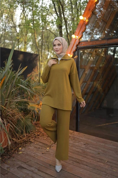 Fermuar Yaka Sade Sweat İkili Takım - 71221.024 - Hardal - 3