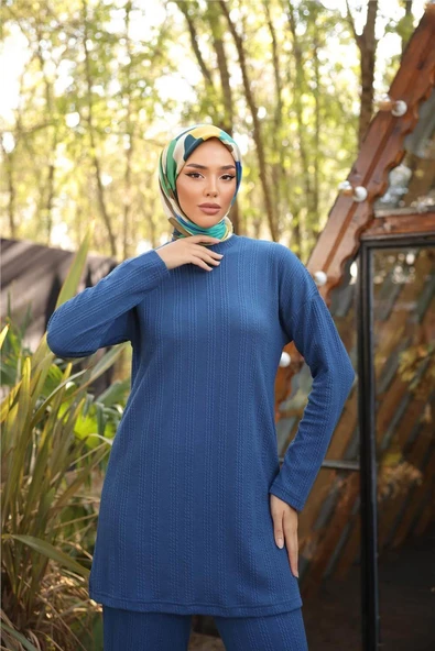 O Yaka Kısa Tunik Pantolon Sade İkili Tesettür Eşofman Takımı - 71219.006 - İndigo - Resim 3