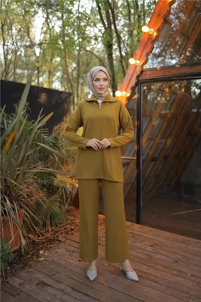 Fermuar Yaka Sade Sweat İkili Takım - 71221.024 - Hardal - 2