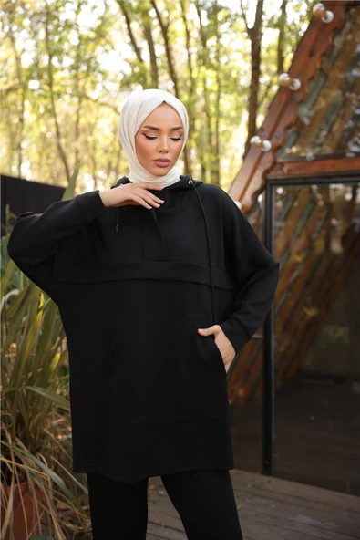 Kapşonlu Kanguru Cepli Sweat-Pantolon İkili Eşofman Spor Takımı - (38-46) - 71214 - Siyah - 2