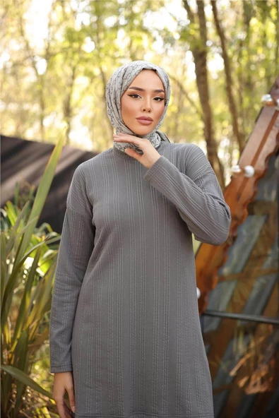 O Yaka Kısa Tunik Pantolon Sade İkili Tesettür Eşofman Takımı - 71219.012 - Füme - Resim 2