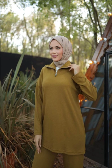 Fermuar Yaka Sade Sweat İkili Takım - 71221.024 - Hardal - 5