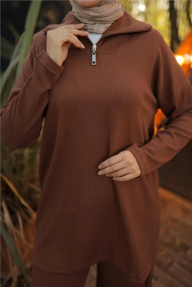 Fermuar Yaka Sade Sweat İkili Takım - 71221.028 - Kahverengi - Resim 6