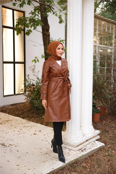 Kruvaze Yaka Cepli Belden Bağcıklı Deri Trençkot - 71212.028 - Kahverengi - Resim 2