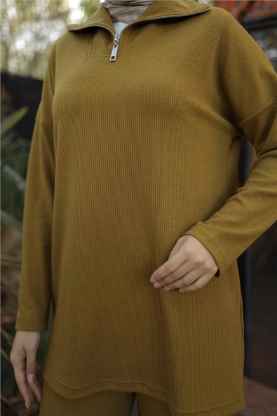 Fermuar Yaka Sade Sweat İkili Takım - 71221.024 - Hardal - 6