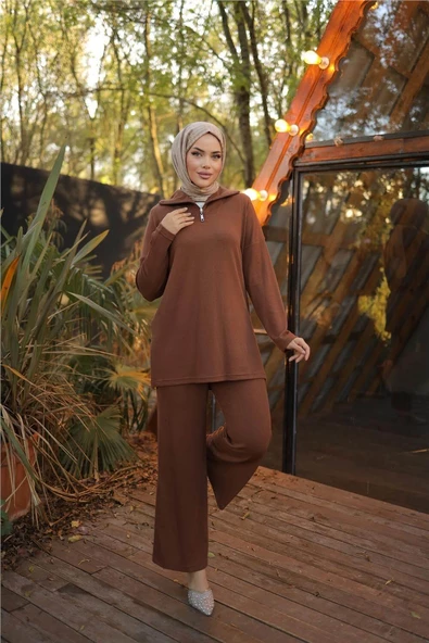 Fermuar Yaka Sade Sweat İkili Takım - 71221.028 - Kahverengi - Resim 3
