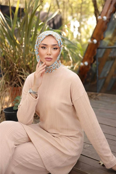 O Yaka Kısa Tunik Pantolon Sade İkili Tesettür Eşofman Takımı - 71219.026 - Bej - 3