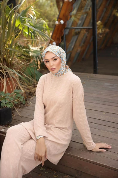 O Yaka Kısa Tunik Pantolon Sade İkili Tesettür Eşofman Takımı - 71219.026 - Bej - 4