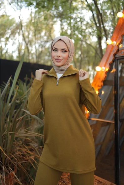 Fermuar Yaka Sade Sweat İkili Takım - 71221.024 - Hardal - 4