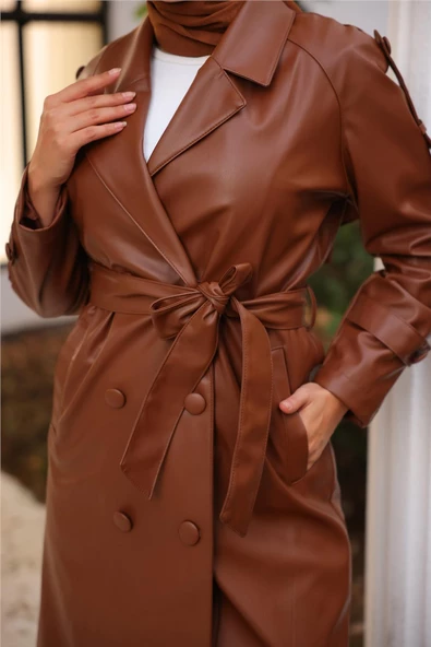 Kruvaze Yaka Cepli Belden Bağcıklı Deri Trençkot - 71212.028 - Kahverengi - Resim 5