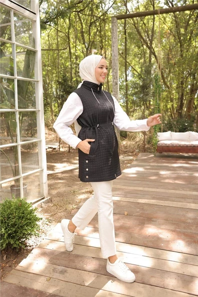 Fermuarlı Balıkçı Yaka Cepli Kolsuz Yelek - (38-46) - 71210 - Siyah - 5