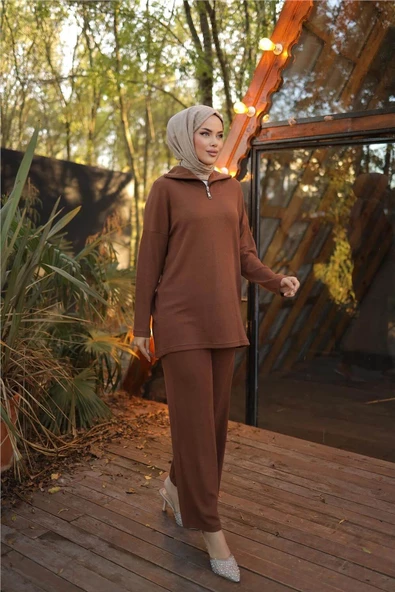 Fermuar Yaka Sade Sweat İkili Takım - 71221.028 - Kahverengi ürün görseli
