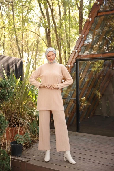 O Yaka Kısa Tunik Pantolon Sade İkili Tesettür Eşofman Takımı - 71219.026 - Bej - 5