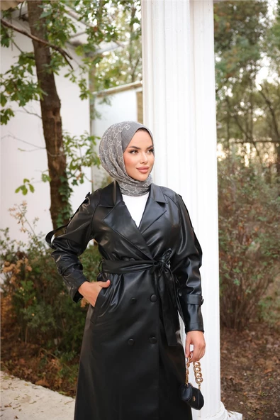 Kruvaze Yaka Cepli Belden Bağcıklı Deri Trençkot - 71212.003 - Siyah - 3